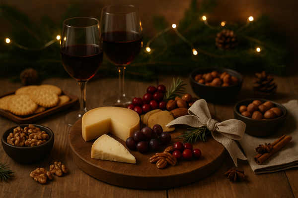 Mesa de catering de Natal da Aperidrinks com boxes artesanais, frutas, doces e decoração natalícia.